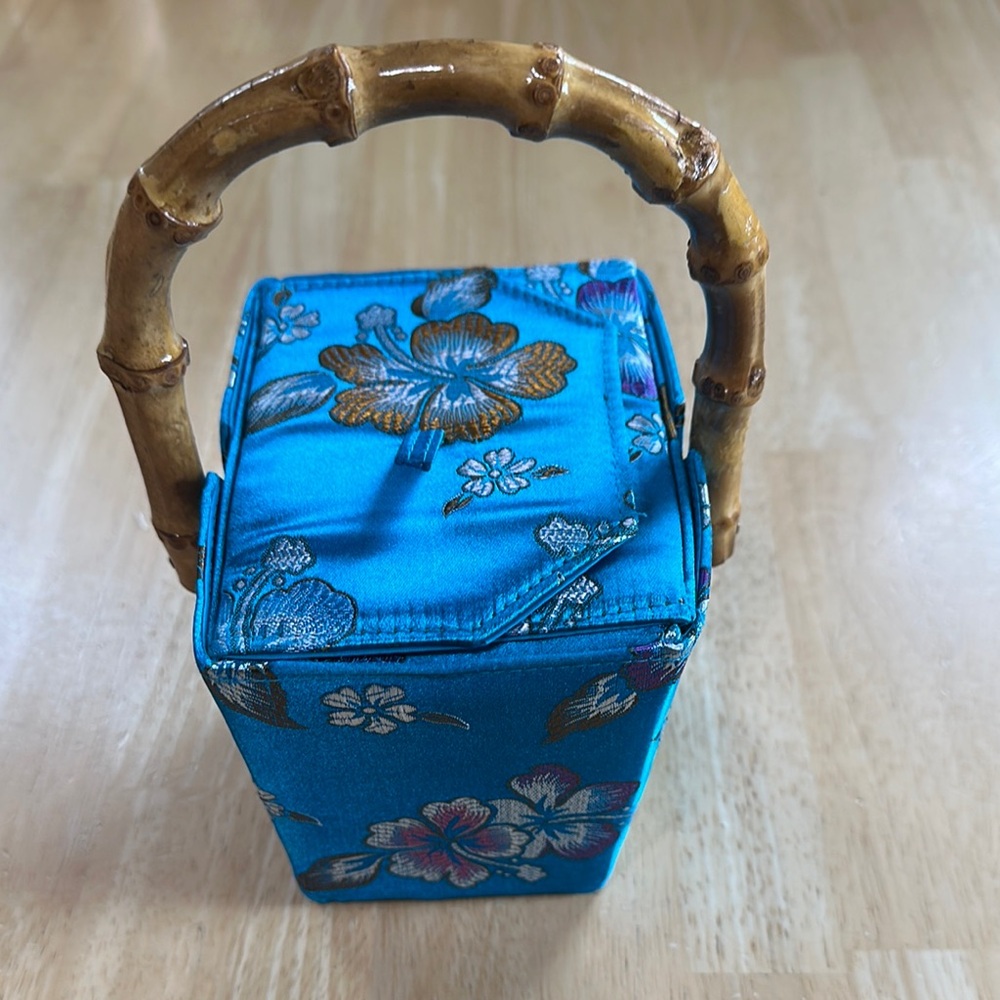 Floral Blue Handbag with Bamboo Handle